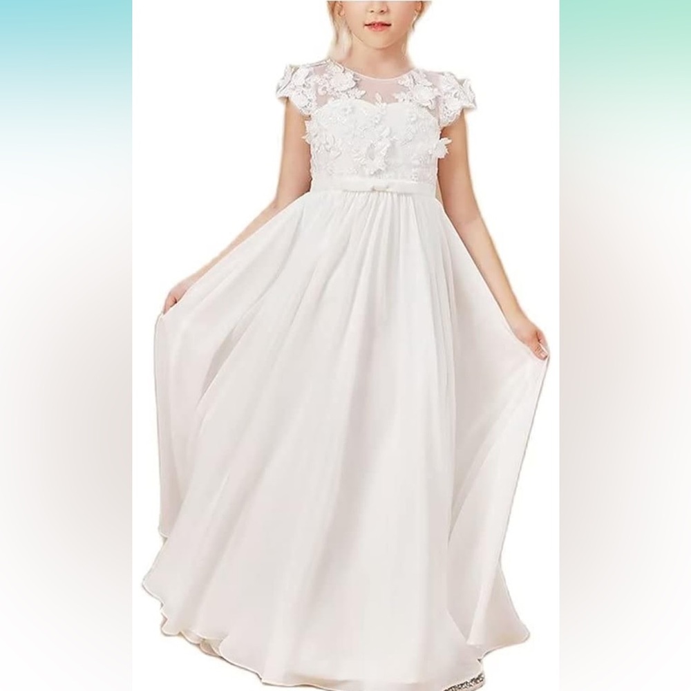NEW Girls Special Occasion White A-line Chiffon Lace Appliqué Dress Size 8